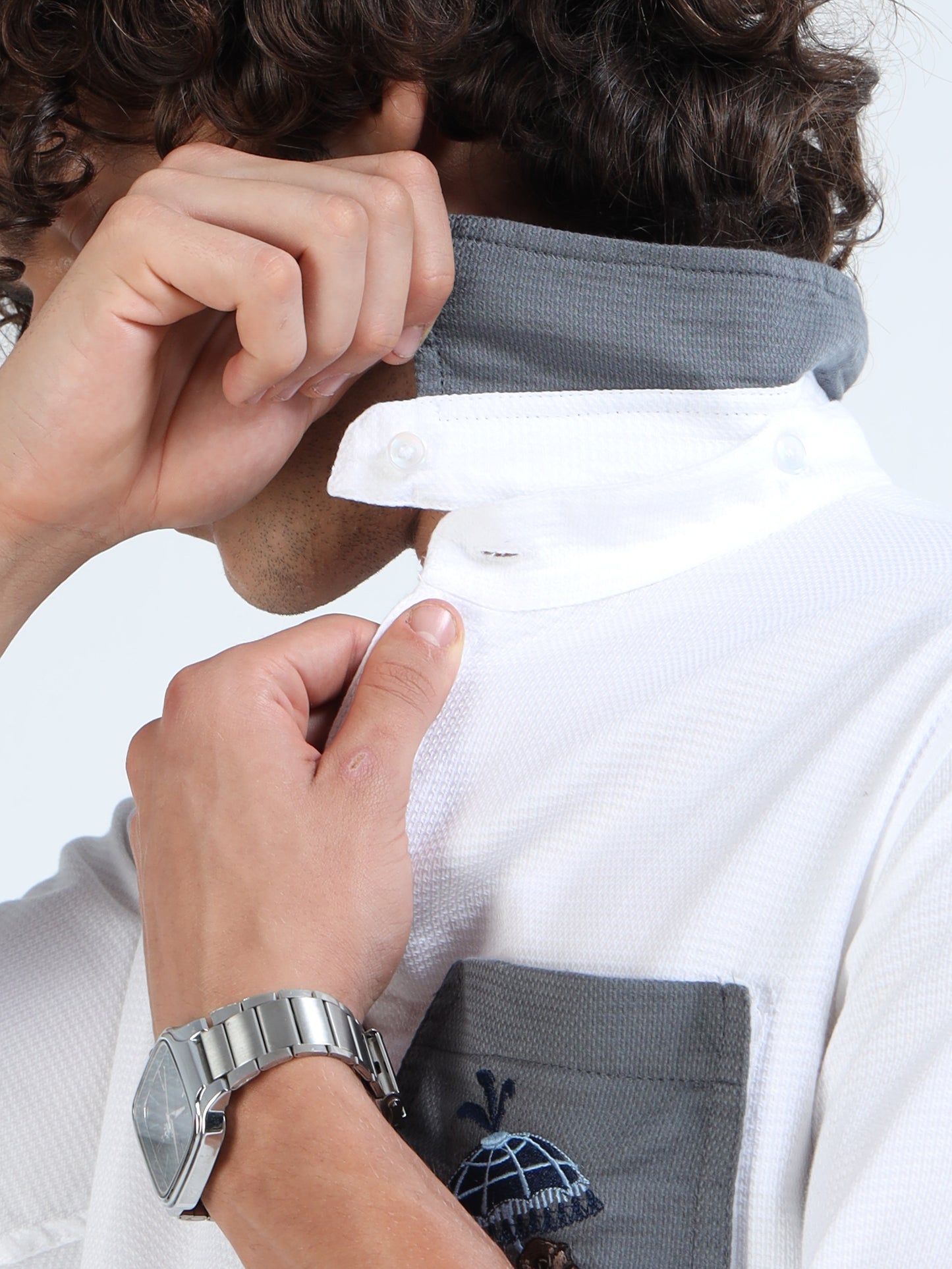 Men’s White Cotton Shirt with Grey Embroidered Pocket and Switchable Collar