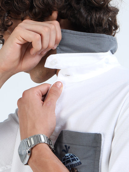 Men’s White Cotton Shirt with Grey Embroidered Pocket and Switchable Collar