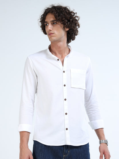 Men’s White Cotton Shirt with Grey Embroidered Pocket and Switchable Collar