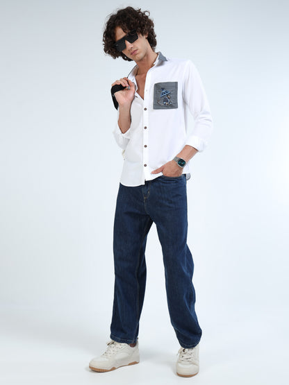 Men’s White Cotton Shirt with Grey Embroidered Pocket and Switchable Collar