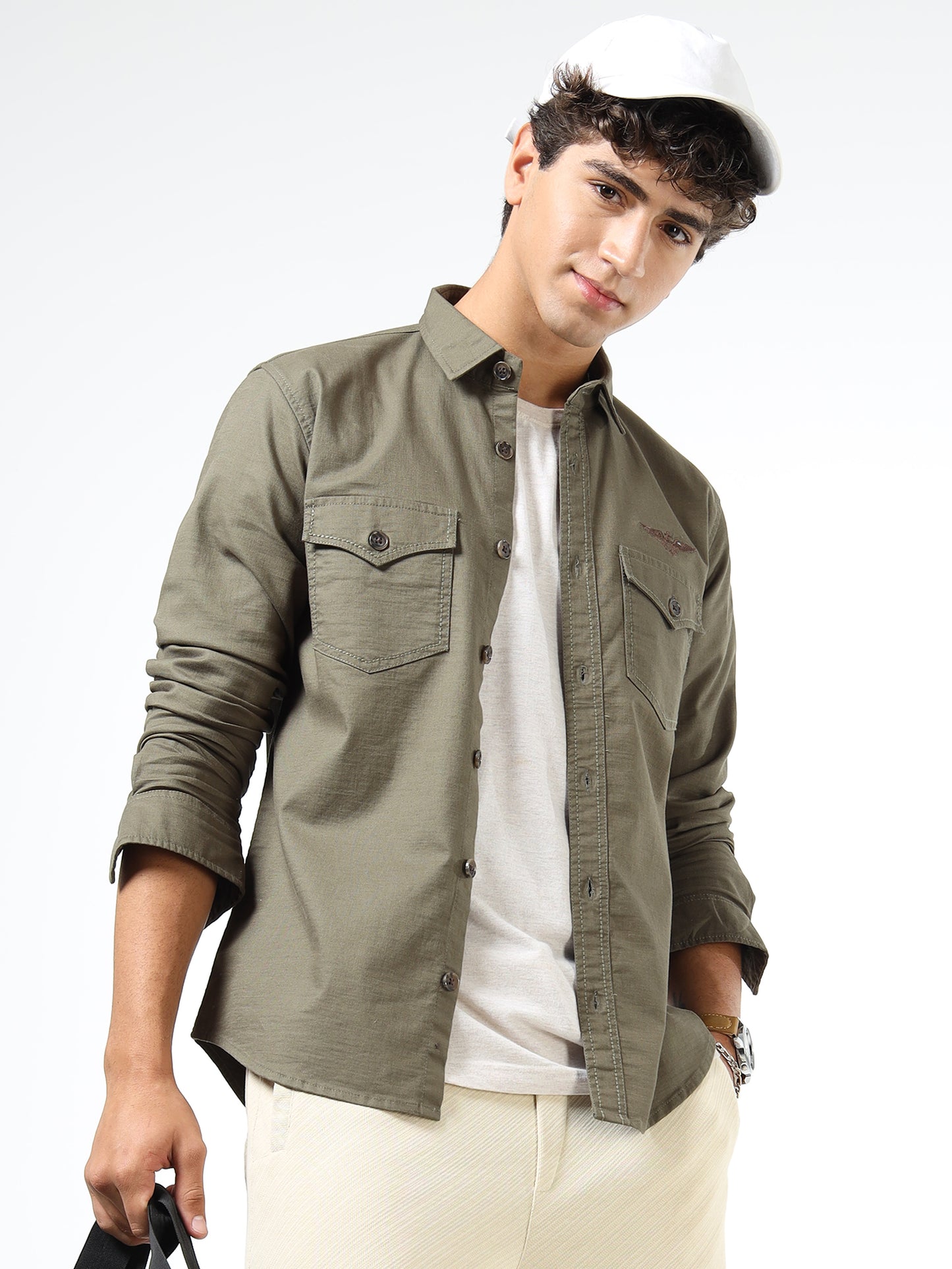 Men’s Olive Green Cotton Utility Casual Shirt with Dual Flap Pockets