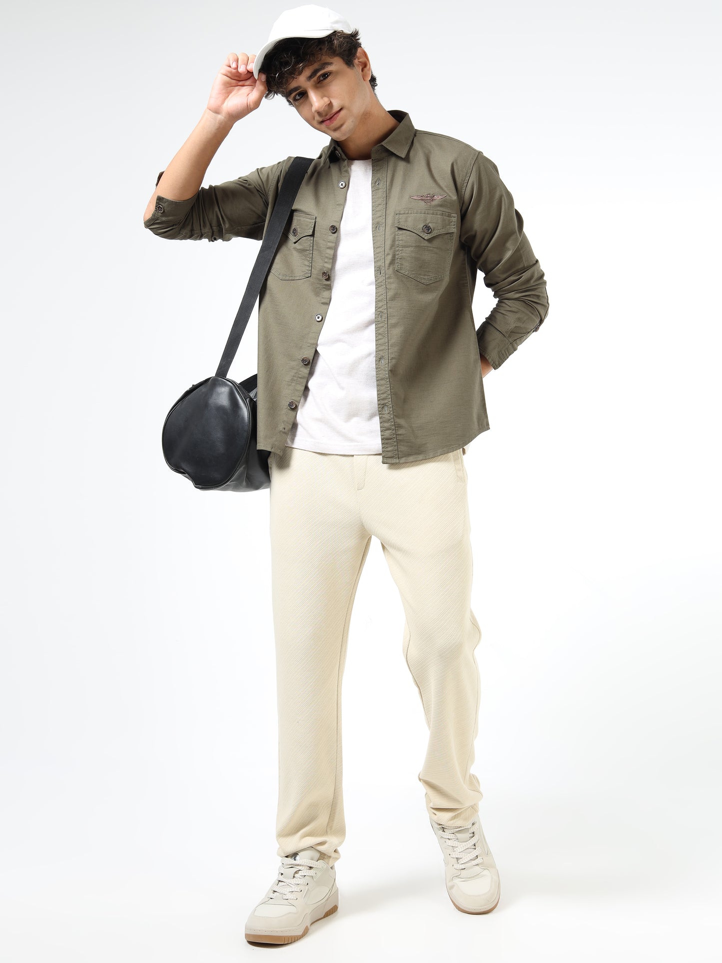 Men’s Olive Green Cotton Utility Casual Shirt with Dual Flap Pockets