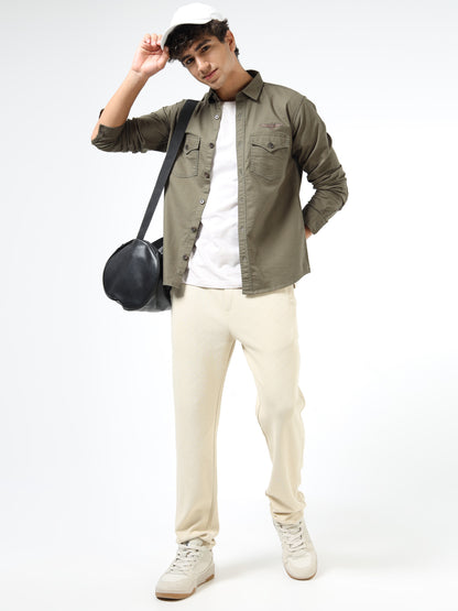Men’s Olive Green Cotton Utility Casual Shirt with Dual Flap Pockets