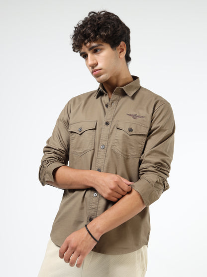 Men’s Brown Cotton Utility Casual Shirt with Dual Flap Pockets