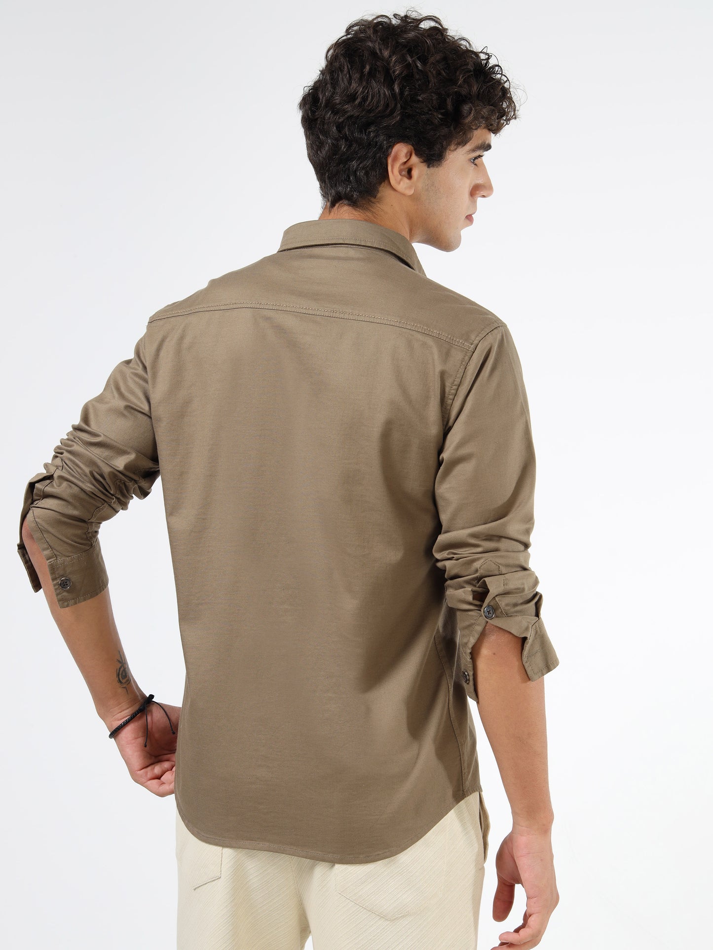 Men’s Brown Cotton Utility Casual Shirt with Dual Flap Pockets