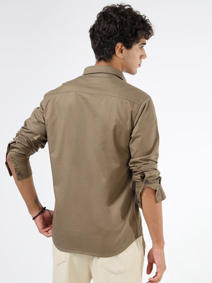 Men’s Brown Cotton Utility Casual Shirt with Dual Flap Pockets