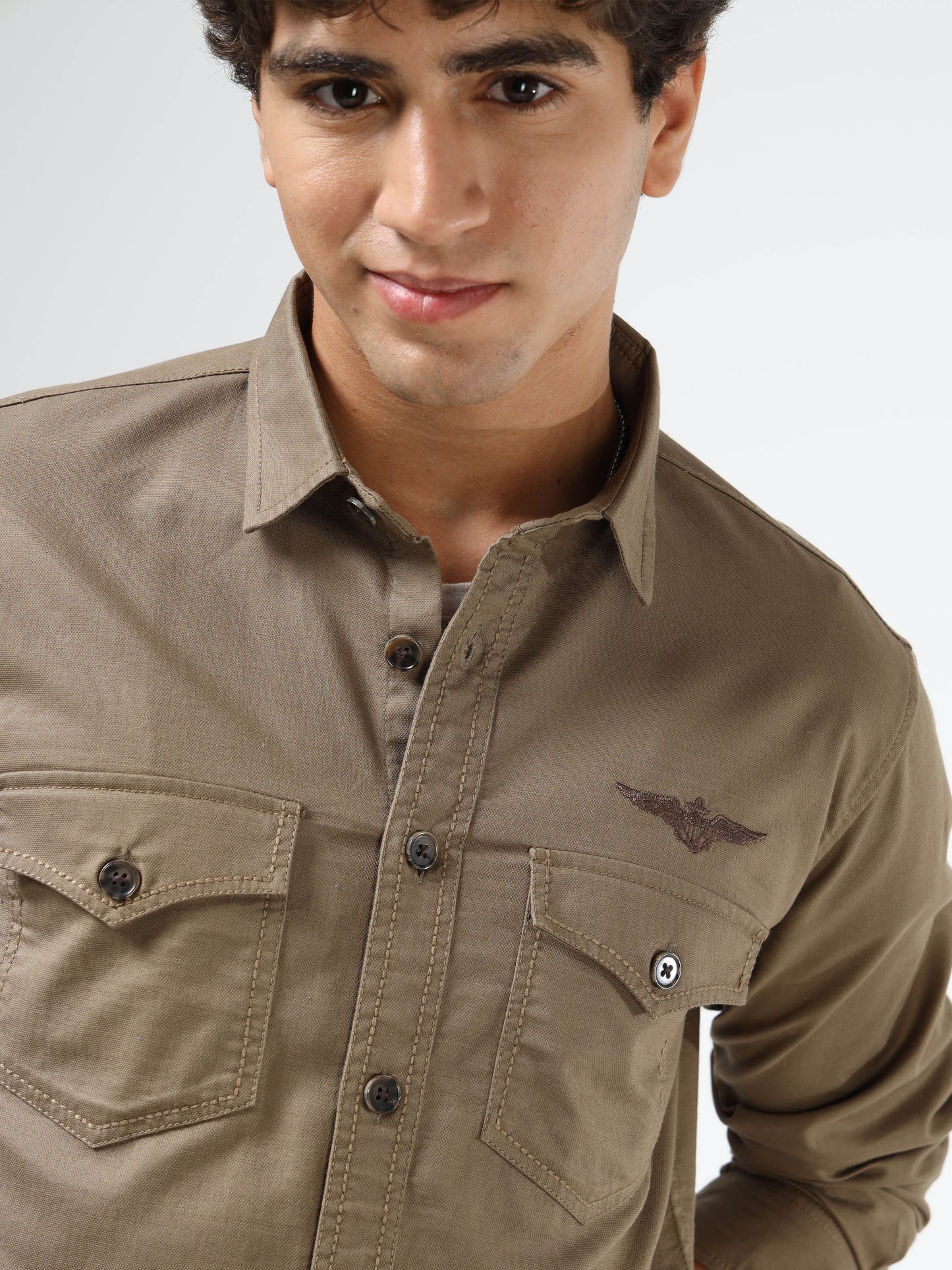 Men’s Brown Cotton Utility Casual Shirt with Dual Flap Pockets