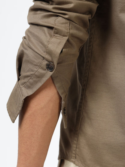 Men’s Brown Cotton Utility Casual Shirt with Dual Flap Pockets
