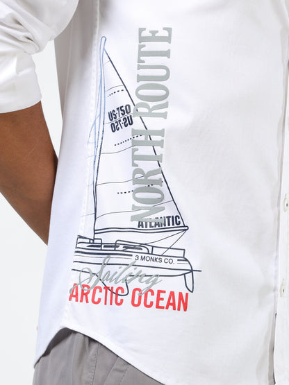 Men’s White Cotton Casual Shirt with Nautical Print Detailing