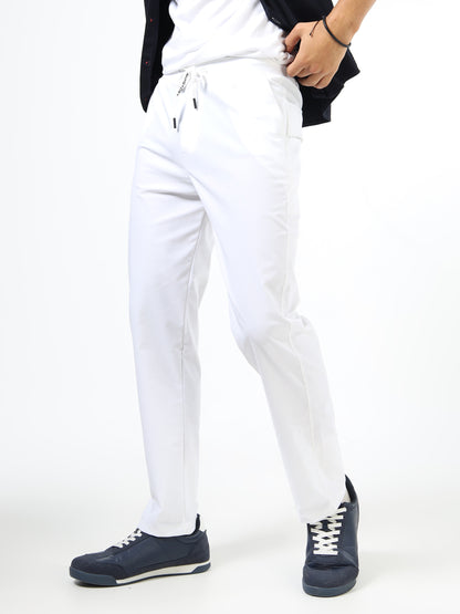 Men’s White Slim Fit Joggers with Adjustable Drawstring Waist & Zipper Pockets