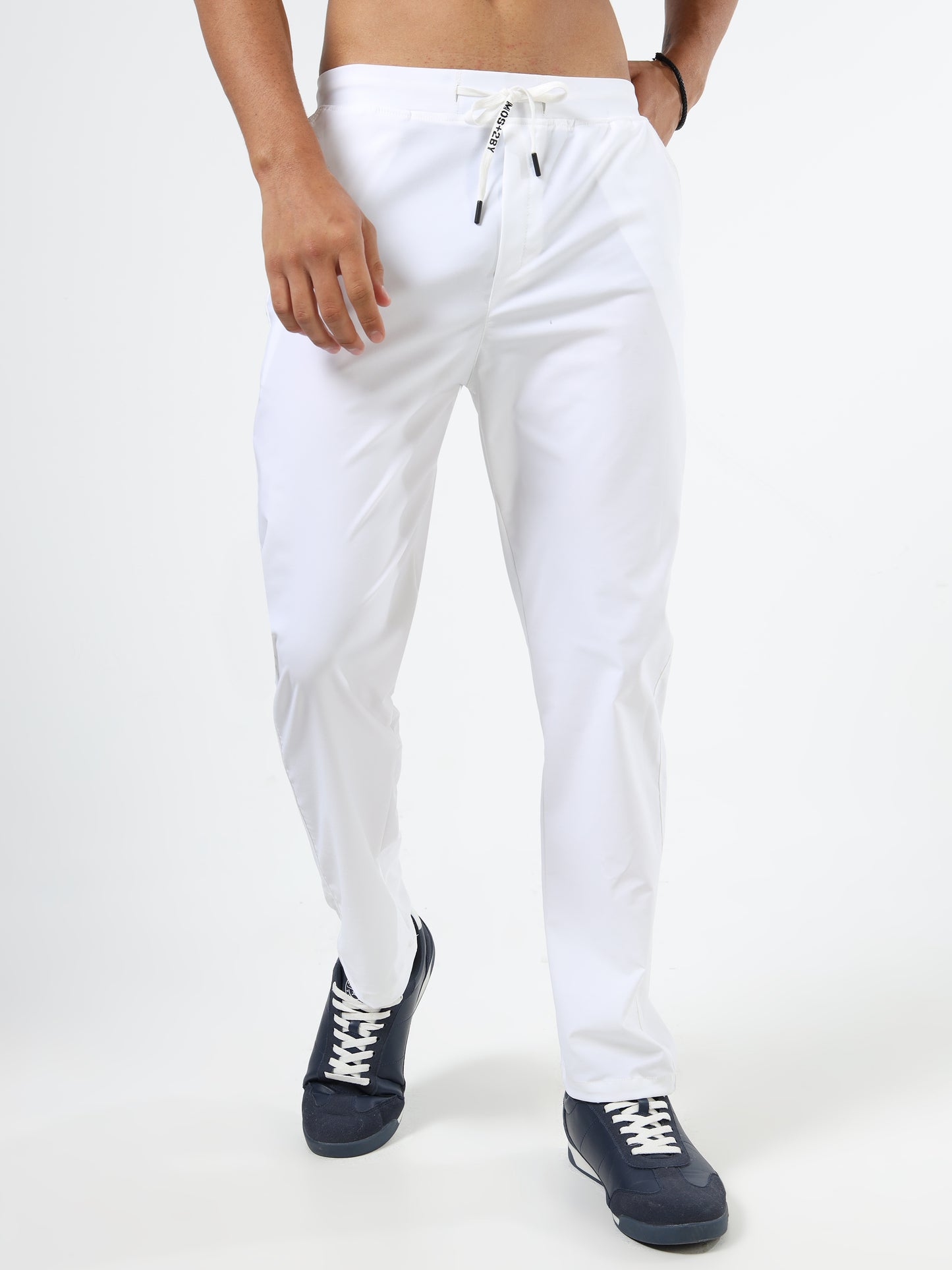 Men’s White Slim Fit Joggers with Adjustable Drawstring Waist & Zipper Pockets
