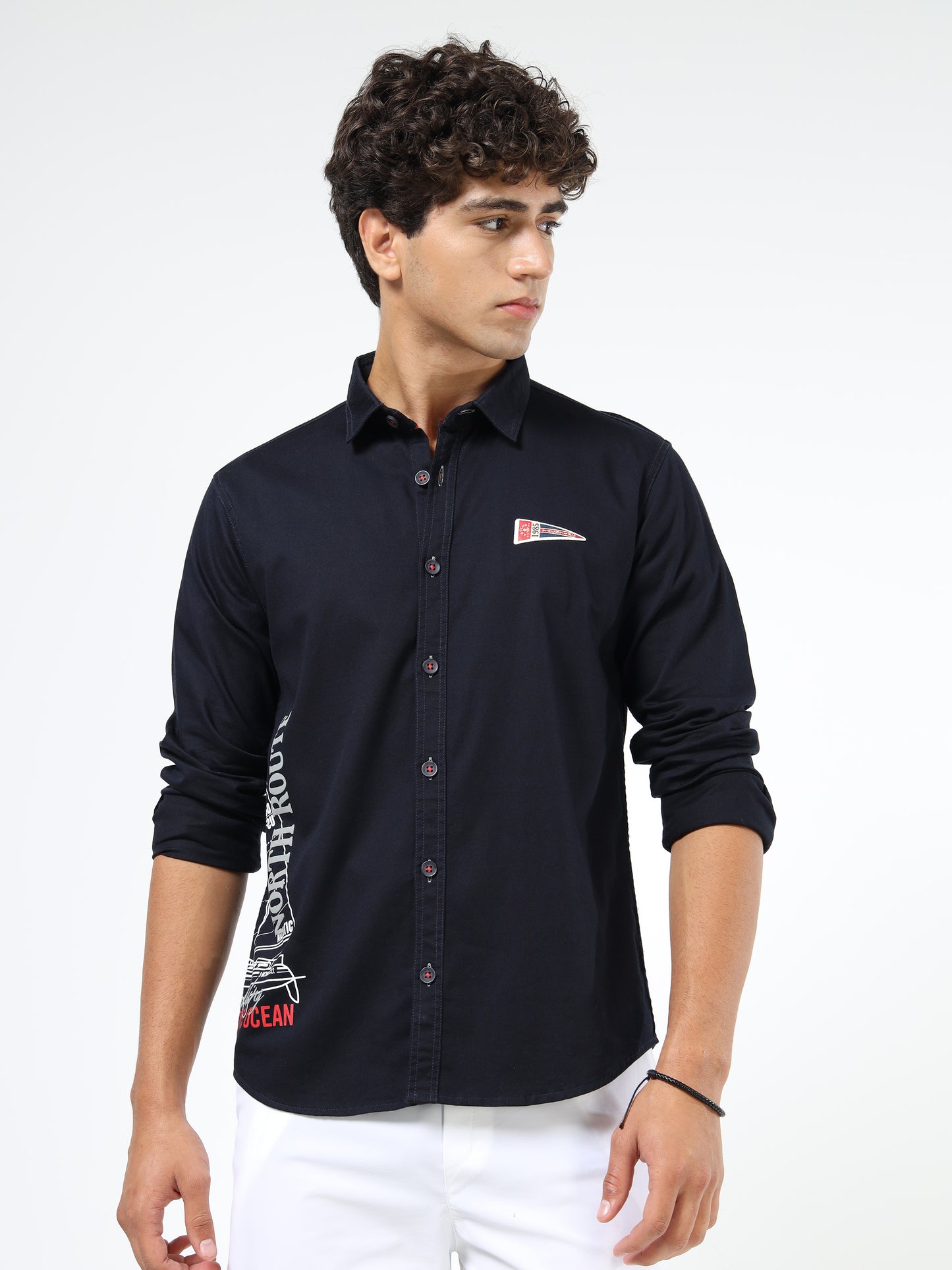 Men’s Black Cotton Casual Shirt with Nautical Print Detailing