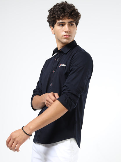 Men’s Black Cotton Casual Shirt with Nautical Print Detailing