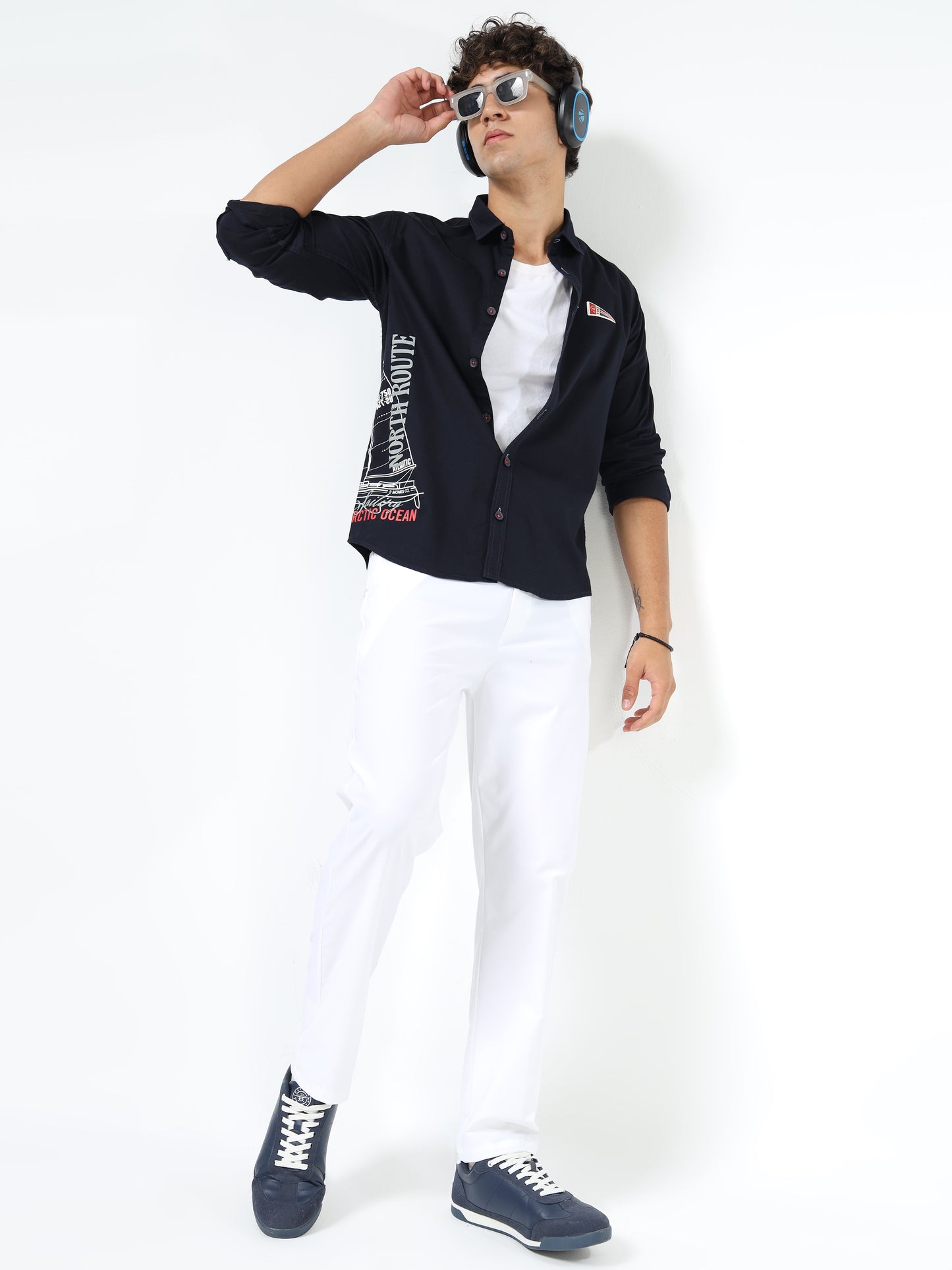 Men’s Black Cotton Casual Shirt with Nautical Print Detailing