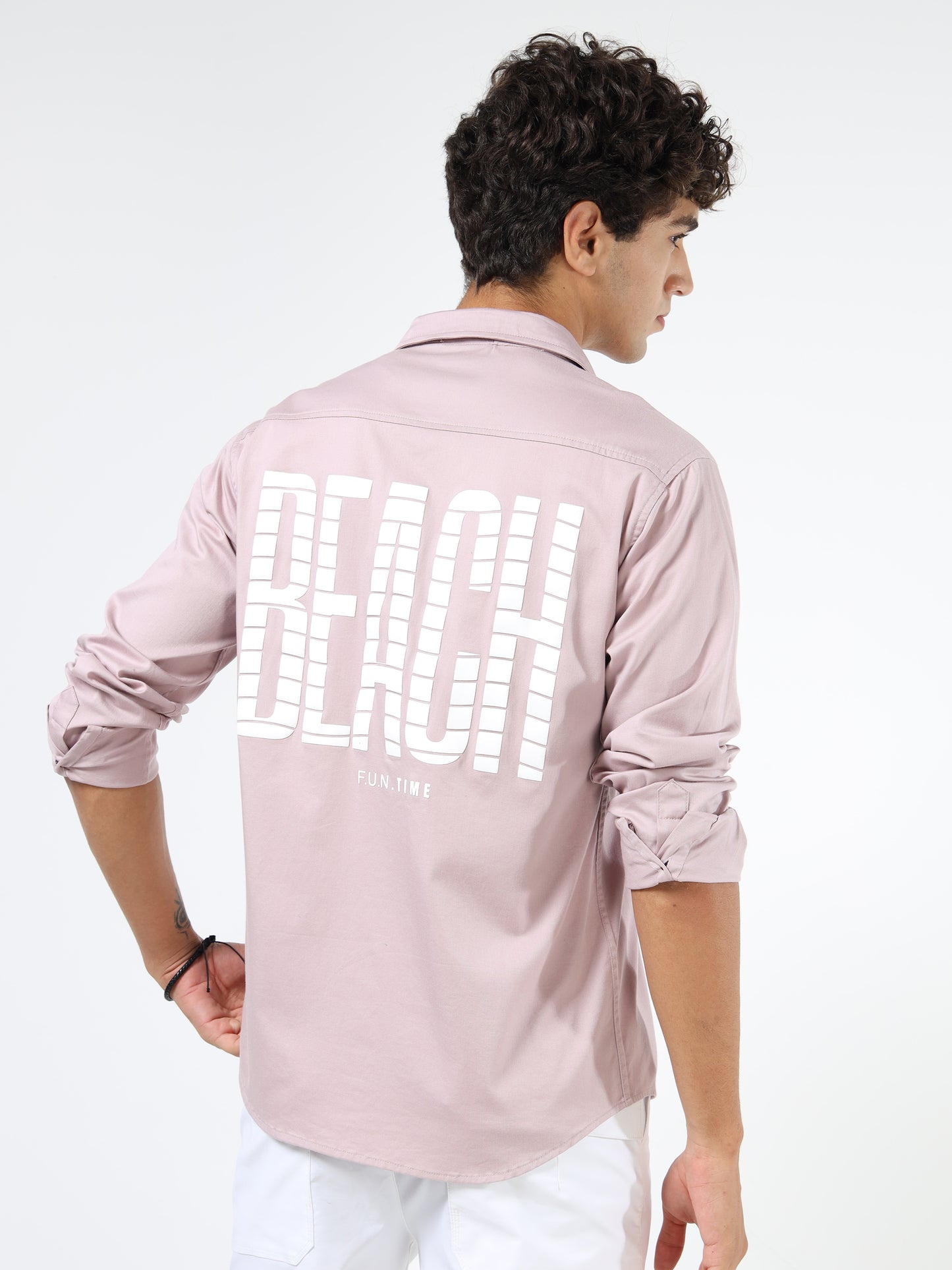 Men’s Light Pink Cotton Casual Shirt with Geometric Print Detailing