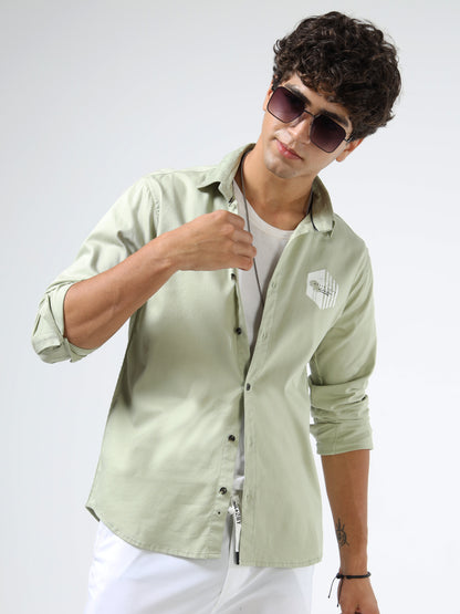 Men’s Light Green Cotton Casual Shirt with Geometric Print Detailing