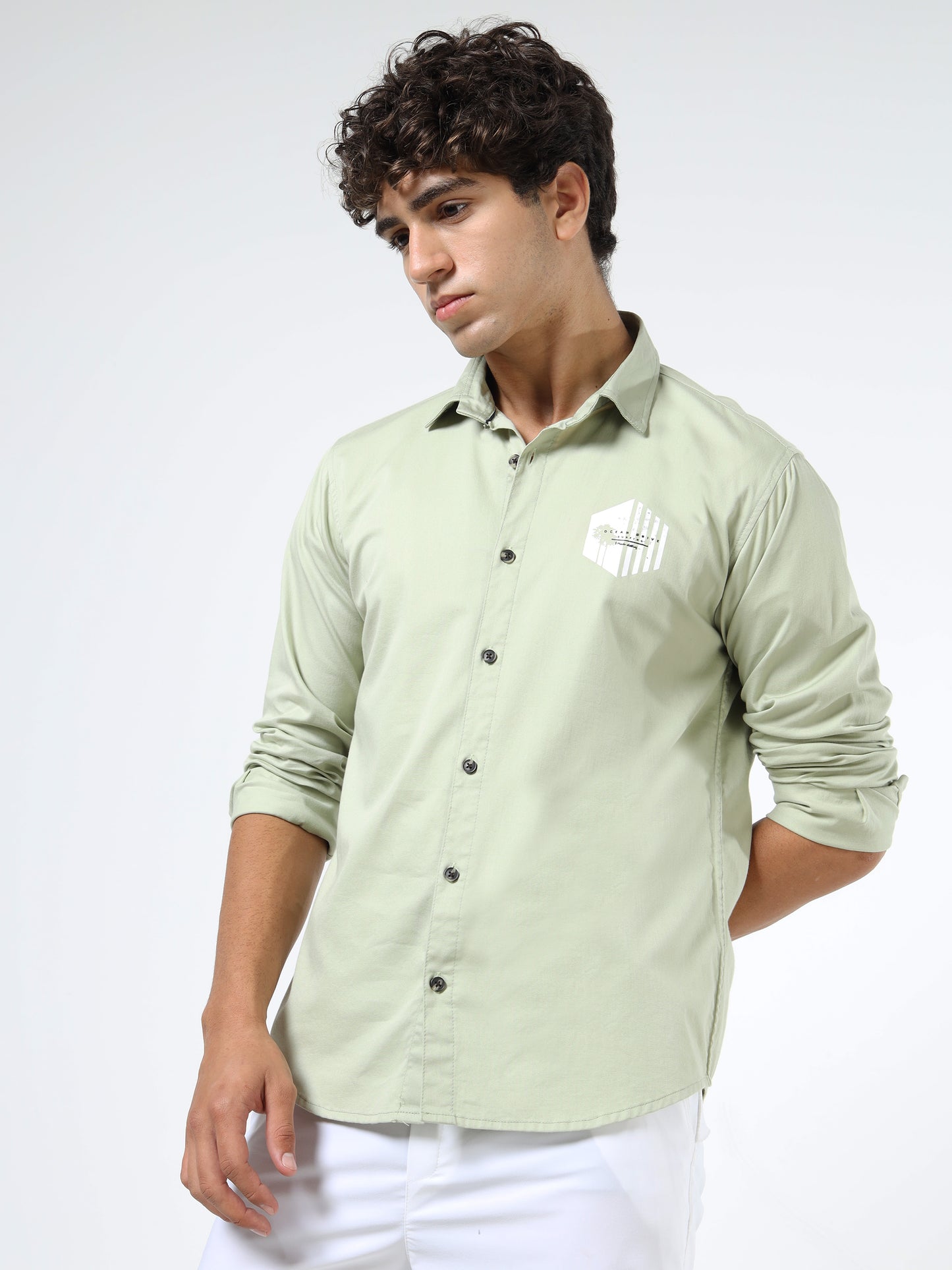 Men’s Light Green Cotton Casual Shirt with Geometric Print Detailing