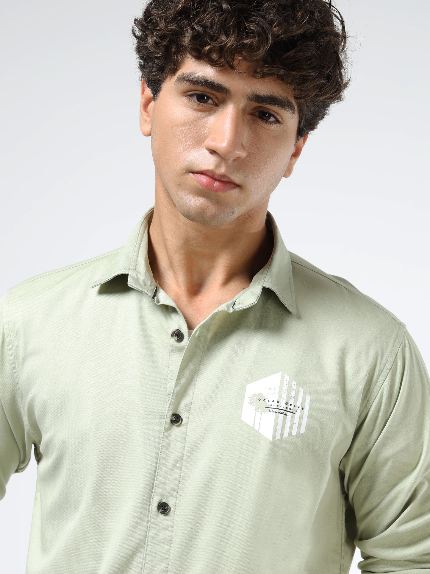 Men’s Light Green Cotton Casual Shirt with Geometric Print Detailing