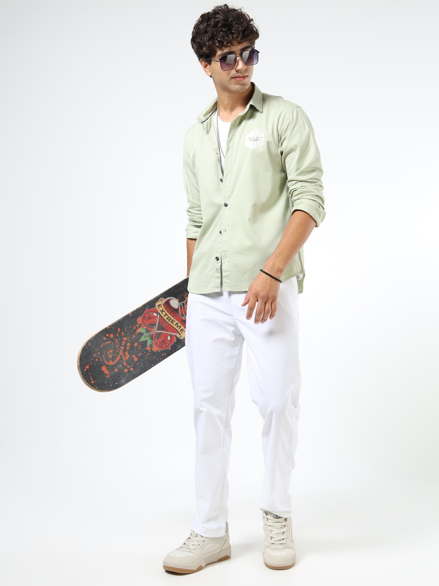 Men’s Light Green Cotton Casual Shirt with Geometric Print Detailing