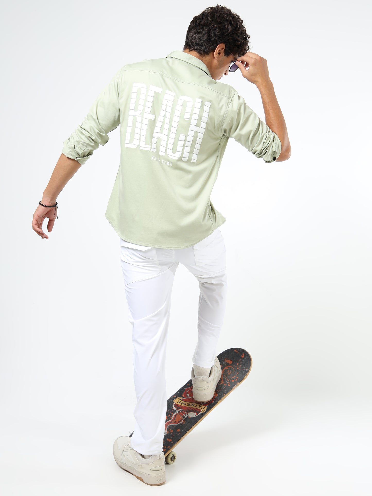 Men’s Light Green Cotton Casual Shirt with Geometric Print Detailing
