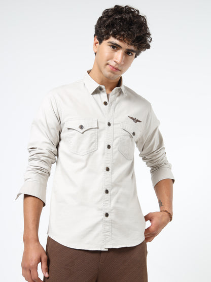 Men’s Beige Cotton Utility Casual Shirt with Dual Flap Pockets