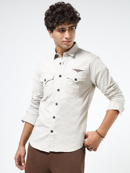 Men’s Beige Cotton Utility Casual Shirt with Dual Flap Pockets