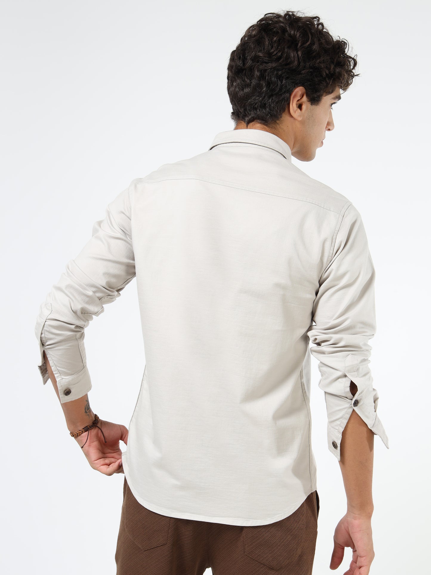 Men’s Beige Cotton Utility Casual Shirt with Dual Flap Pockets