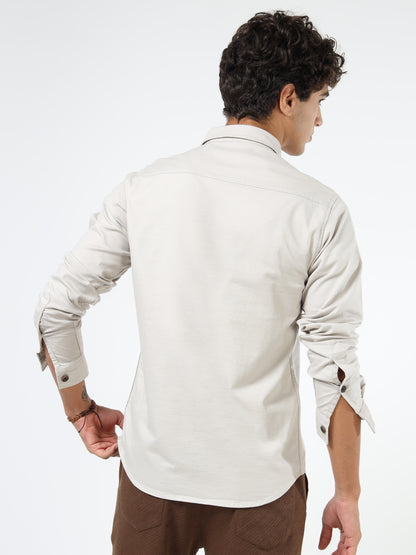 Men’s Beige Cotton Utility Casual Shirt with Dual Flap Pockets