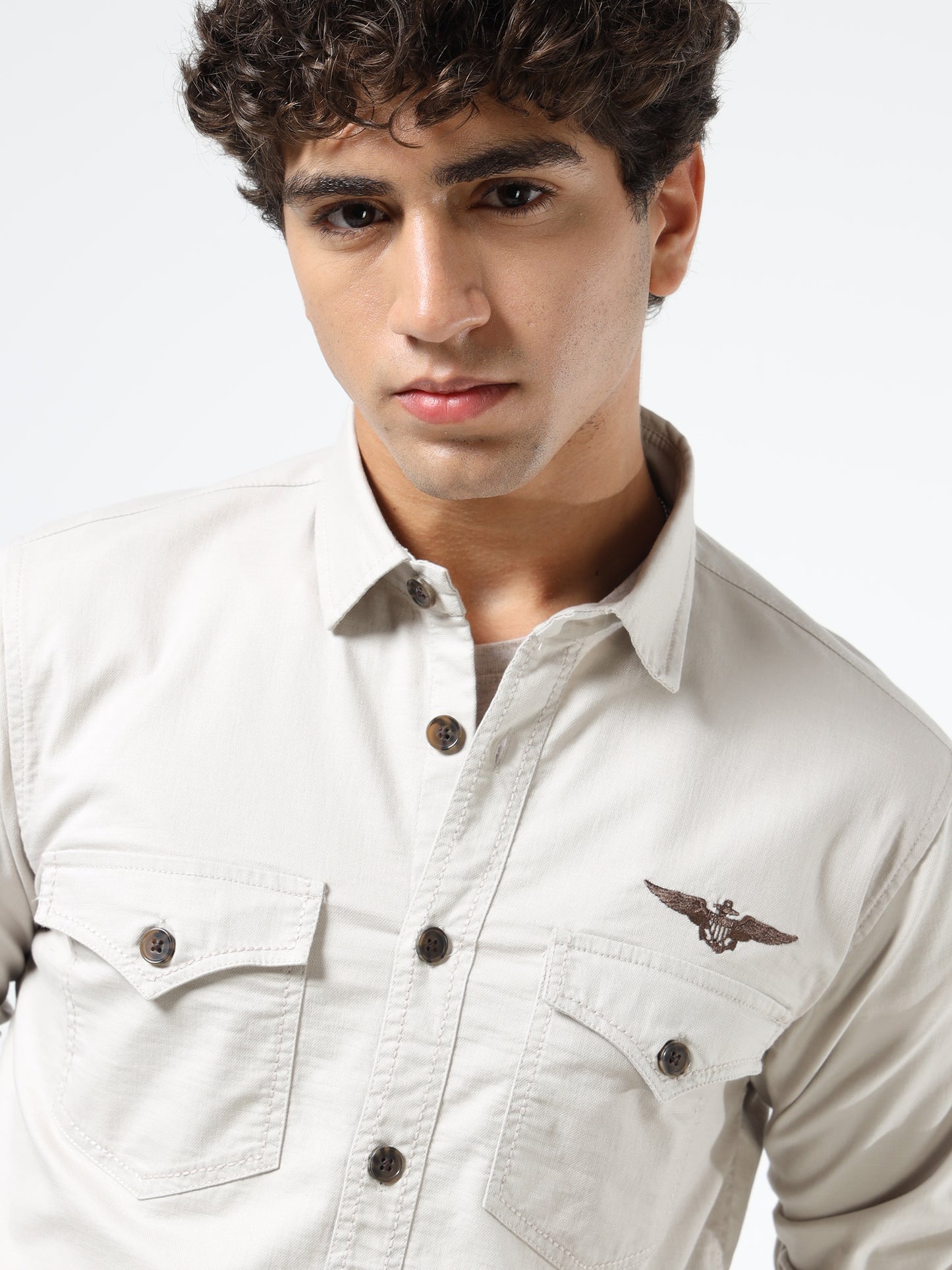 Men’s Beige Cotton Utility Casual Shirt with Dual Flap Pockets