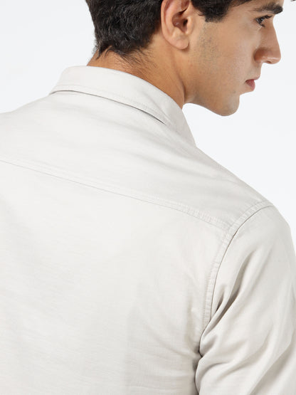 Men’s Beige Cotton Utility Casual Shirt with Dual Flap Pockets
