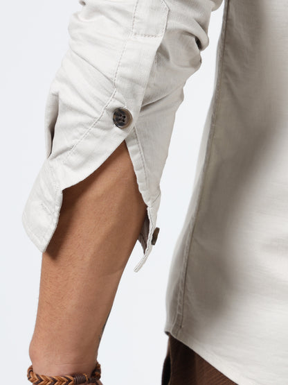 Men’s Beige Cotton Utility Casual Shirt with Dual Flap Pockets