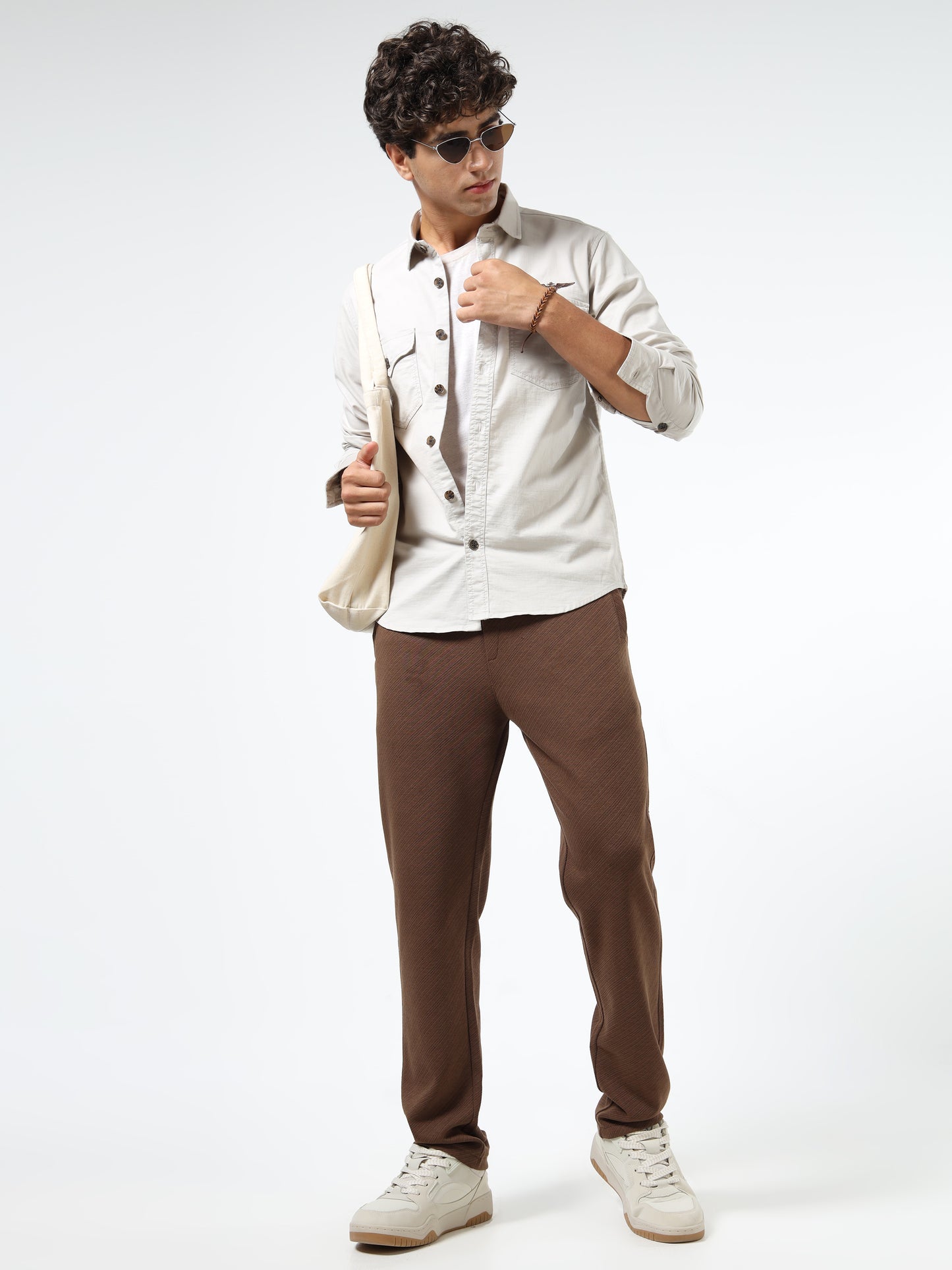 Men’s Beige Cotton Utility Casual Shirt with Dual Flap Pockets