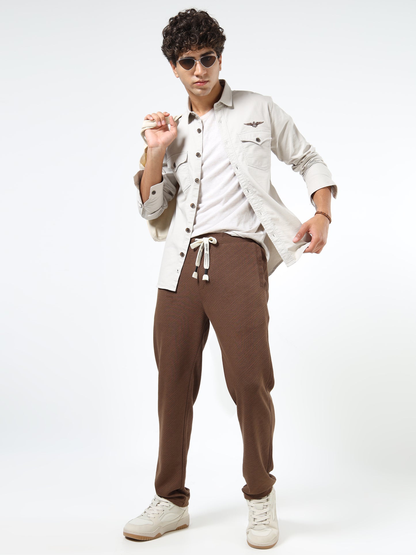 Men’s Beige Cotton Utility Casual Shirt with Dual Flap Pockets