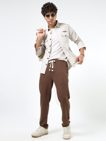 Men’s Beige Cotton Utility Casual Shirt with Dual Flap Pockets