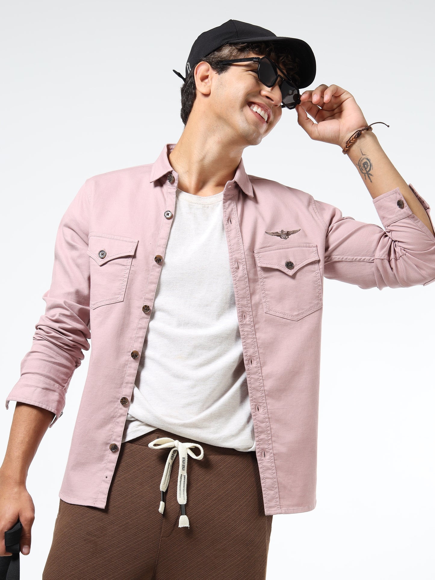 Men’s Light Pink Cotton Utility Casual Shirt with Dual Flap Pockets