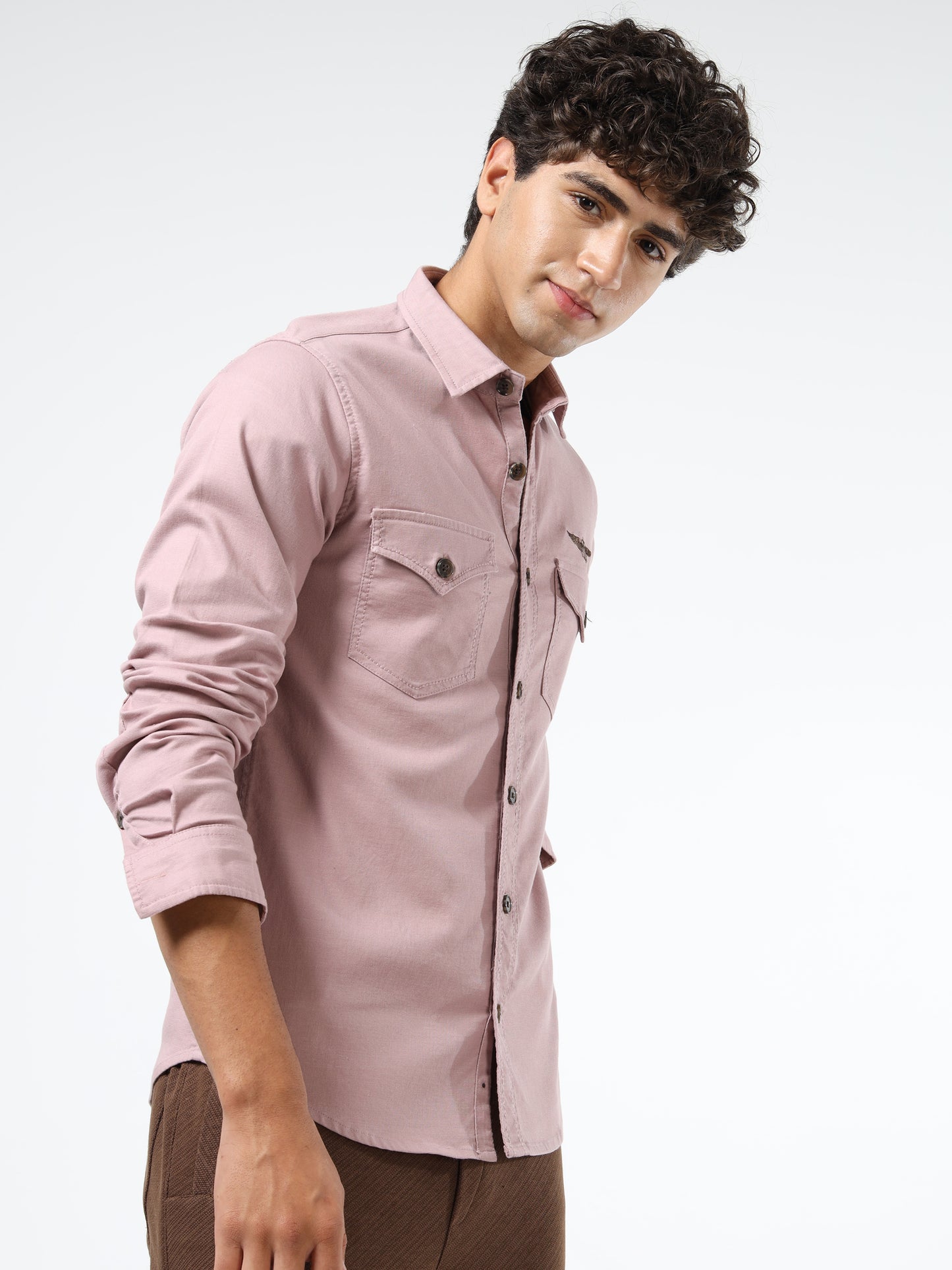 Men’s Light Pink Cotton Utility Casual Shirt with Dual Flap Pockets