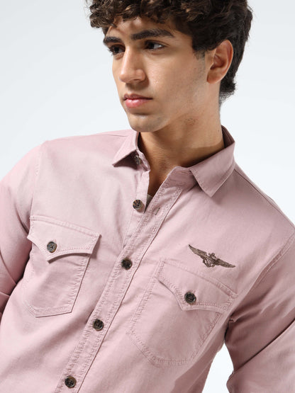 Men’s Light Pink Cotton Utility Casual Shirt with Dual Flap Pockets