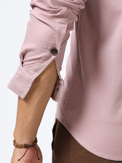 Men’s Light Pink Cotton Utility Casual Shirt with Dual Flap Pockets