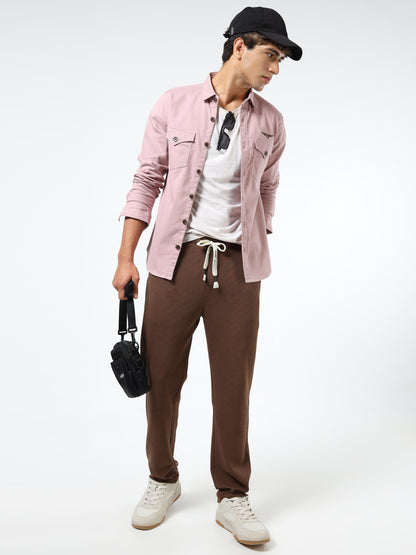 Men’s Light Pink Cotton Utility Casual Shirt with Dual Flap Pockets