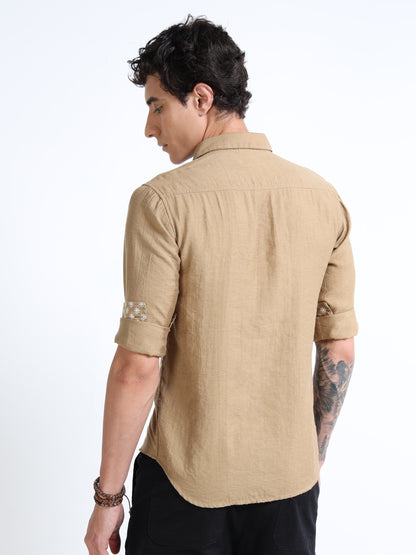 Men’s Beige Textured Cotton Casual Shirt with Crane Embroidery & Contrast Detailing