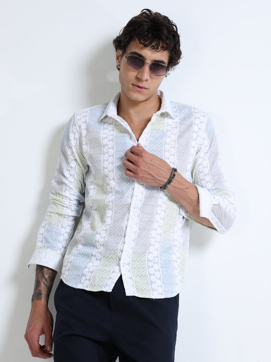Men’s White Textured Cotton Casual Shirt with Multicolor Striped Embroidery