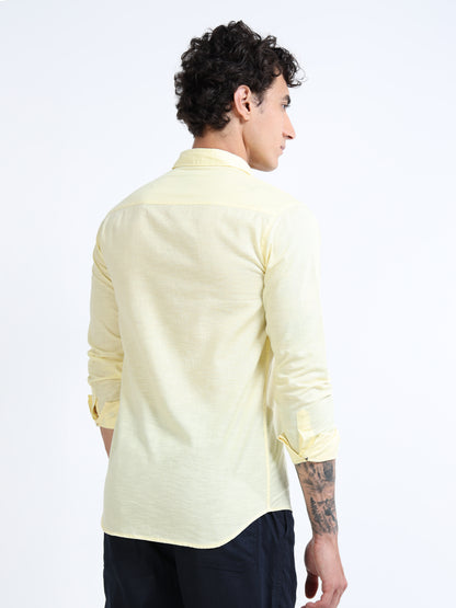 Men’s Light Yellow Cotton Casual Shirt with Nautical Anchor Embroidery