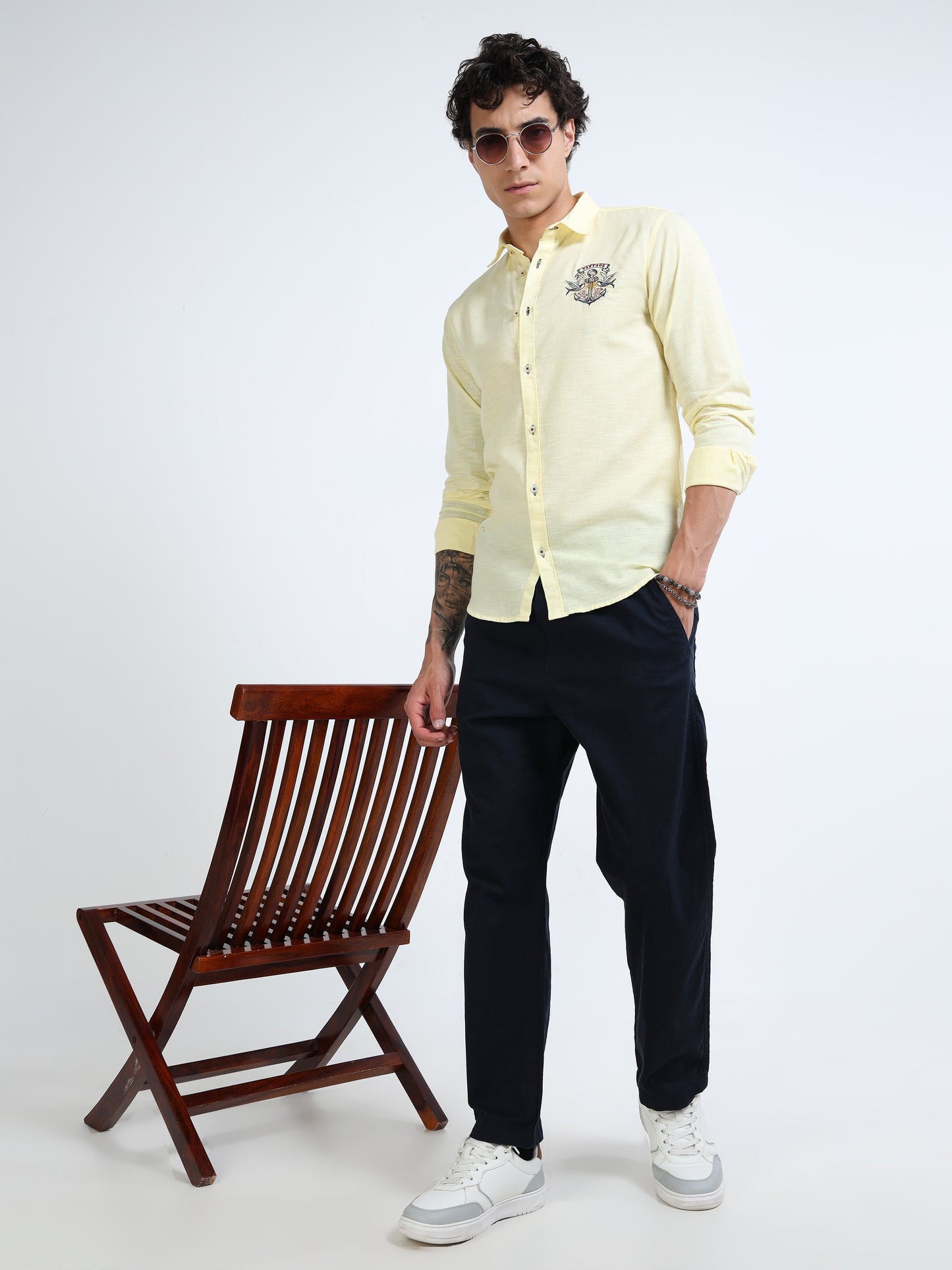 Men’s Light Yellow Cotton Casual Shirt with Nautical Anchor Embroidery