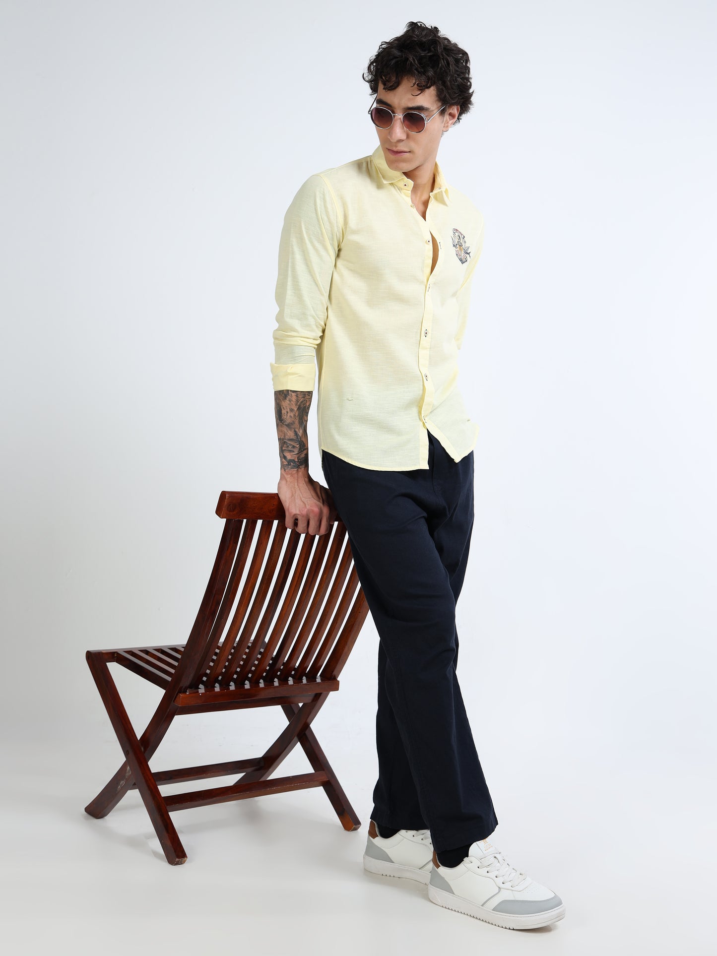 Men’s Light Yellow Cotton Casual Shirt with Nautical Anchor Embroidery