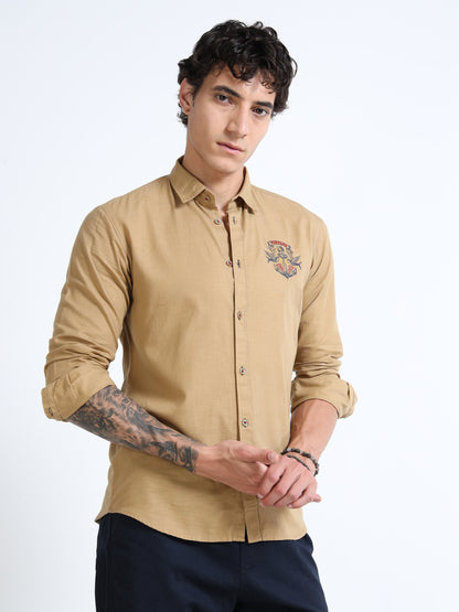 Men’s Brown Cotton Casual Shirt with Anchor Embroidery Detailing