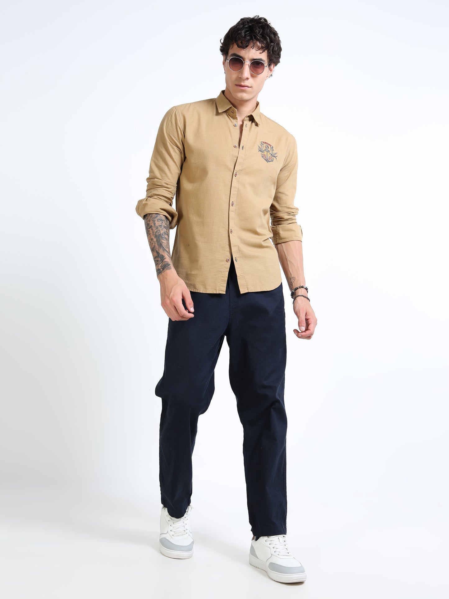 Men’s Brown Cotton Casual Shirt with Anchor Embroidery Detailing