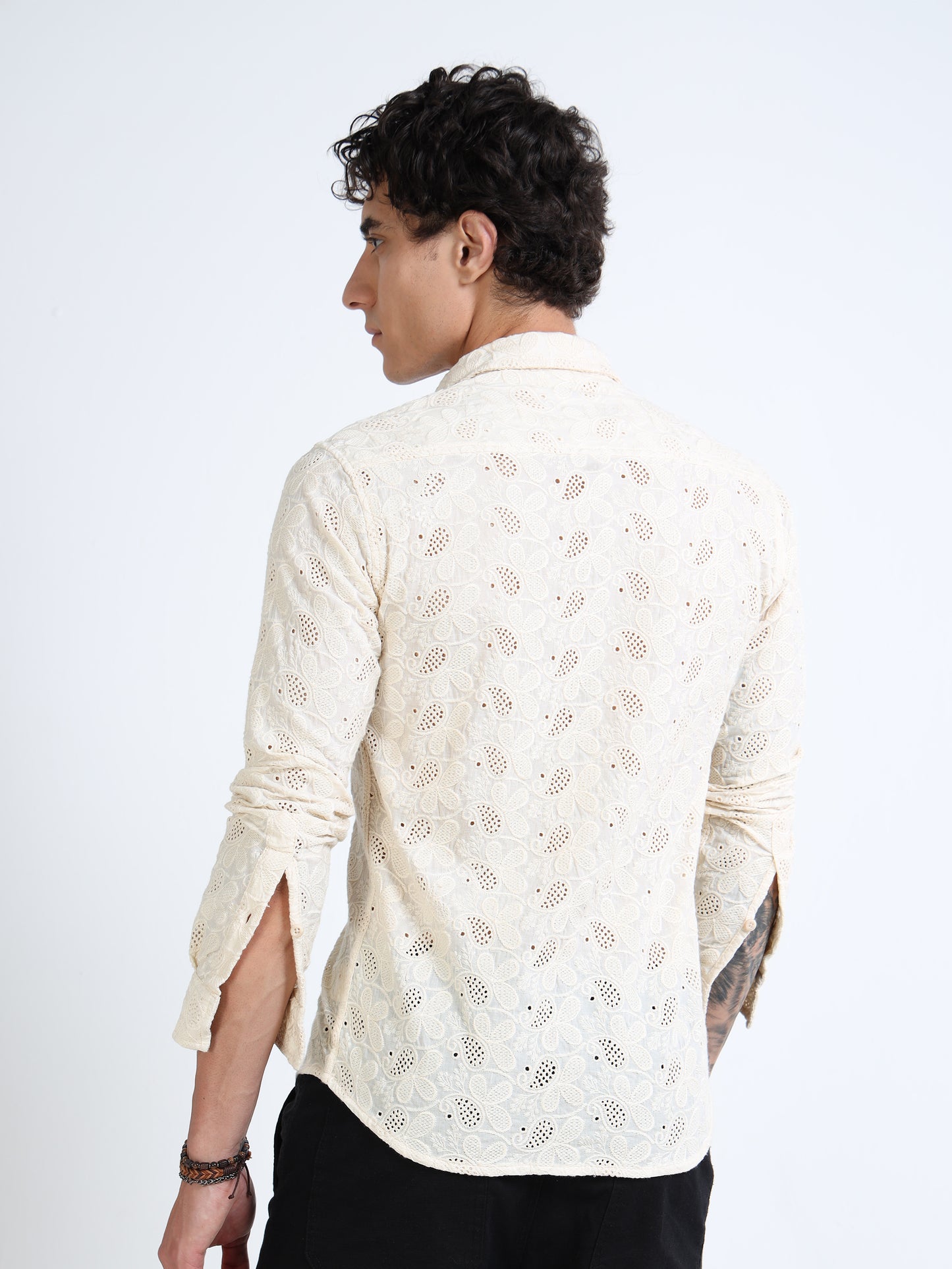 Men’s Cream Cotton Casual Shirt with Floral Embroidery Detailing