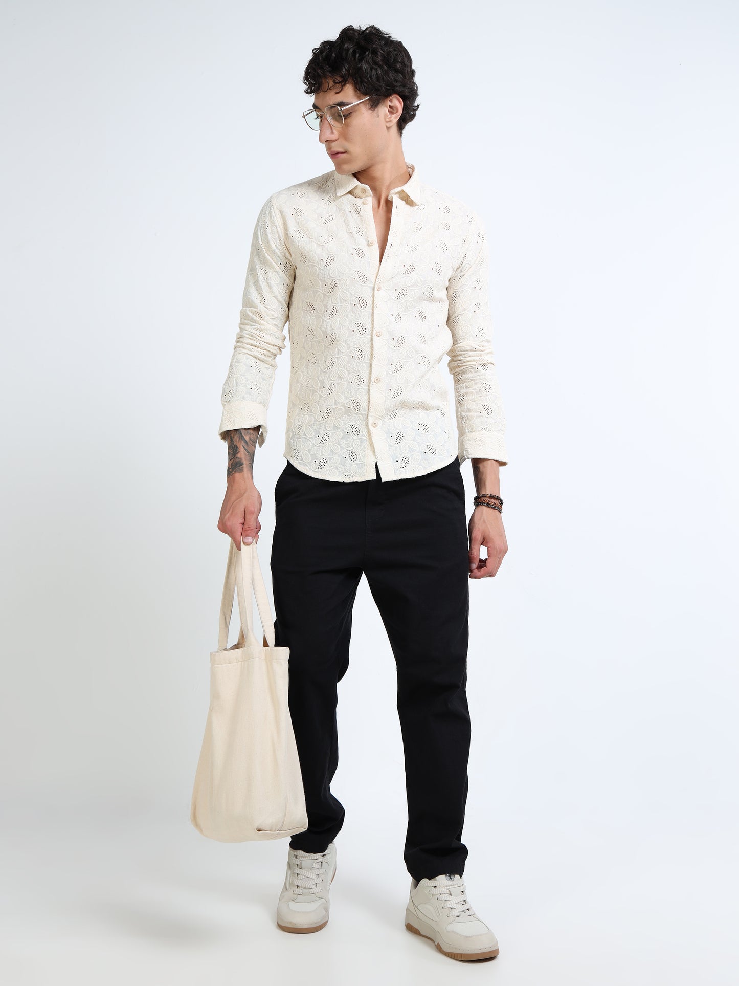 Men’s Cream Cotton Casual Shirt with Floral Embroidery Detailing