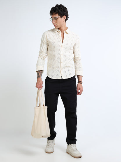 Men’s Cream Cotton Casual Shirt with Floral Embroidery Detailing