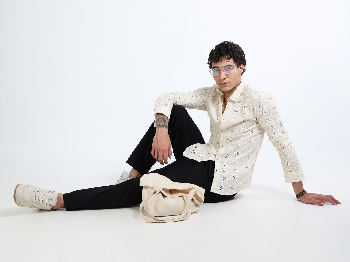 Men’s Cream Cotton Casual Shirt with Floral Embroidery Detailing